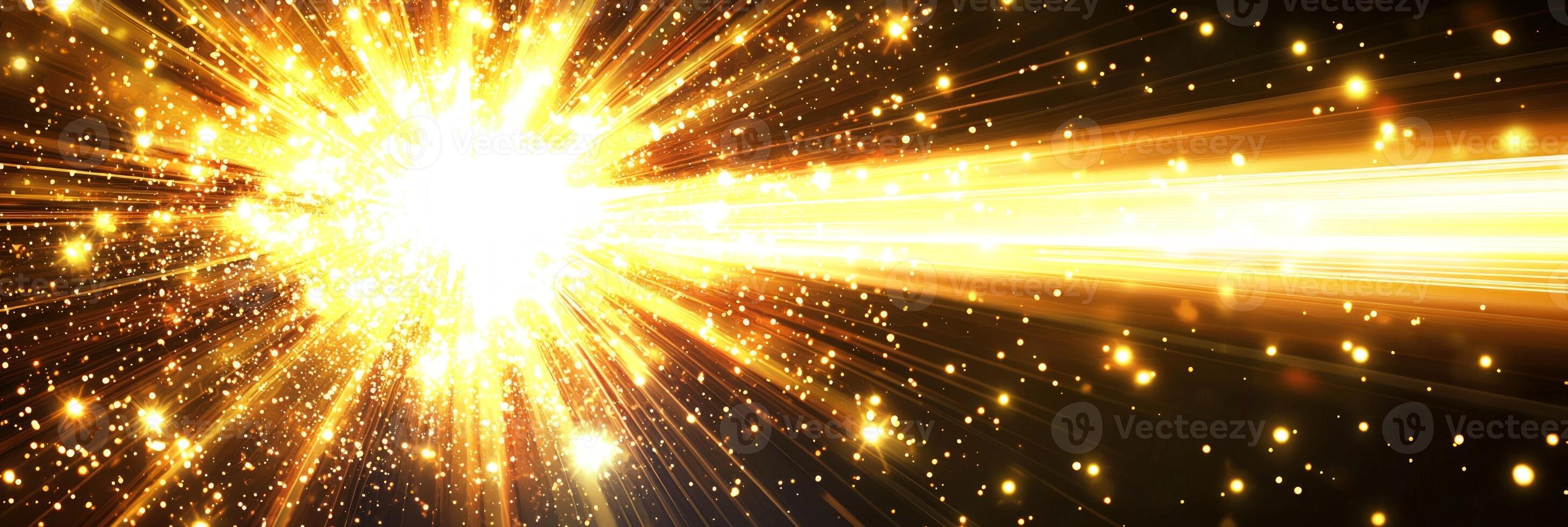 A vibrant burst of yellow particles ignites the darkness, scattering luminous energy in all directions and creating a mesmerizing wave of light that captivates the viewer. photo