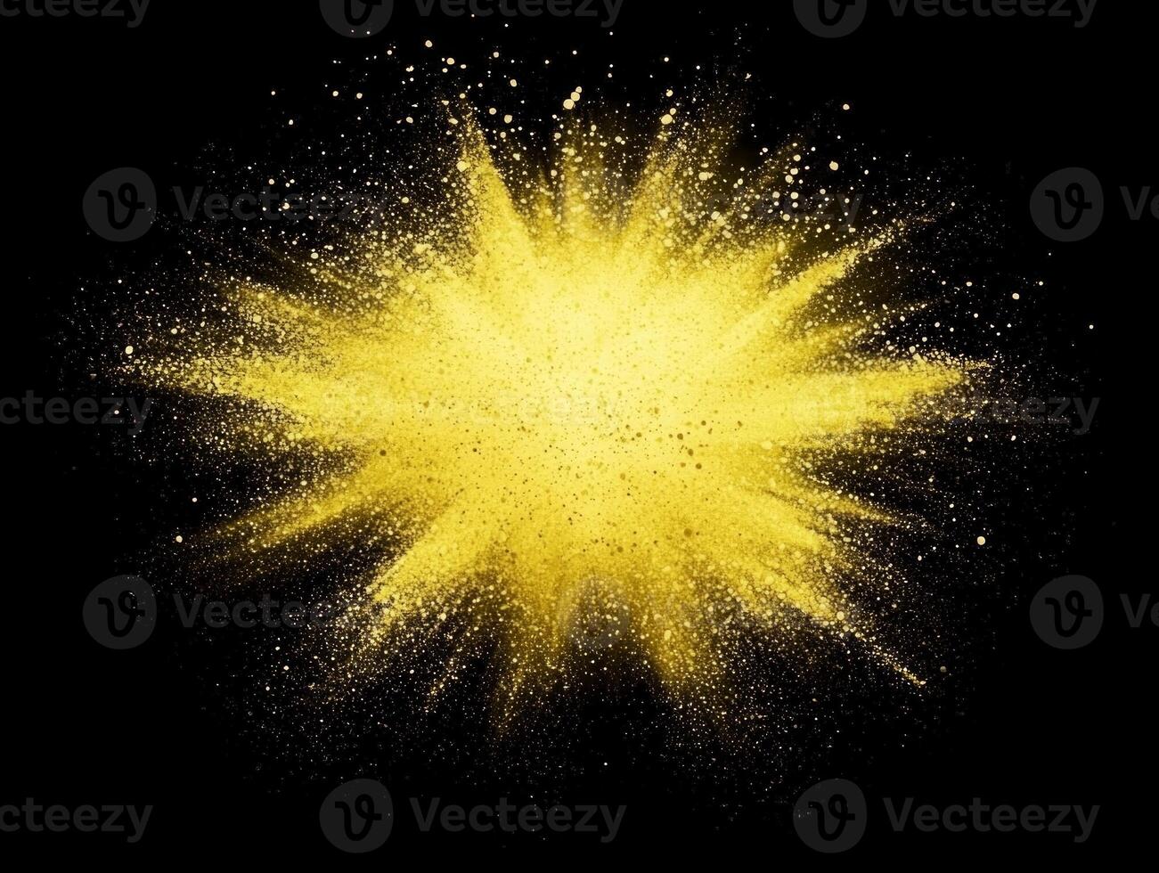 A brilliant burst of yellow particles erupts outward, illuminating the darkness with a radiant wave of energy, creating a stunning cosmic display of light. photo