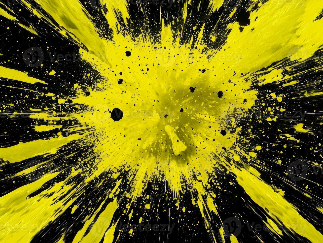 A dynamic eruption of bright yellow particles expands energetically, casting waves of light and intensity across a contrasting black background, evoking a cosmic wonder. photo