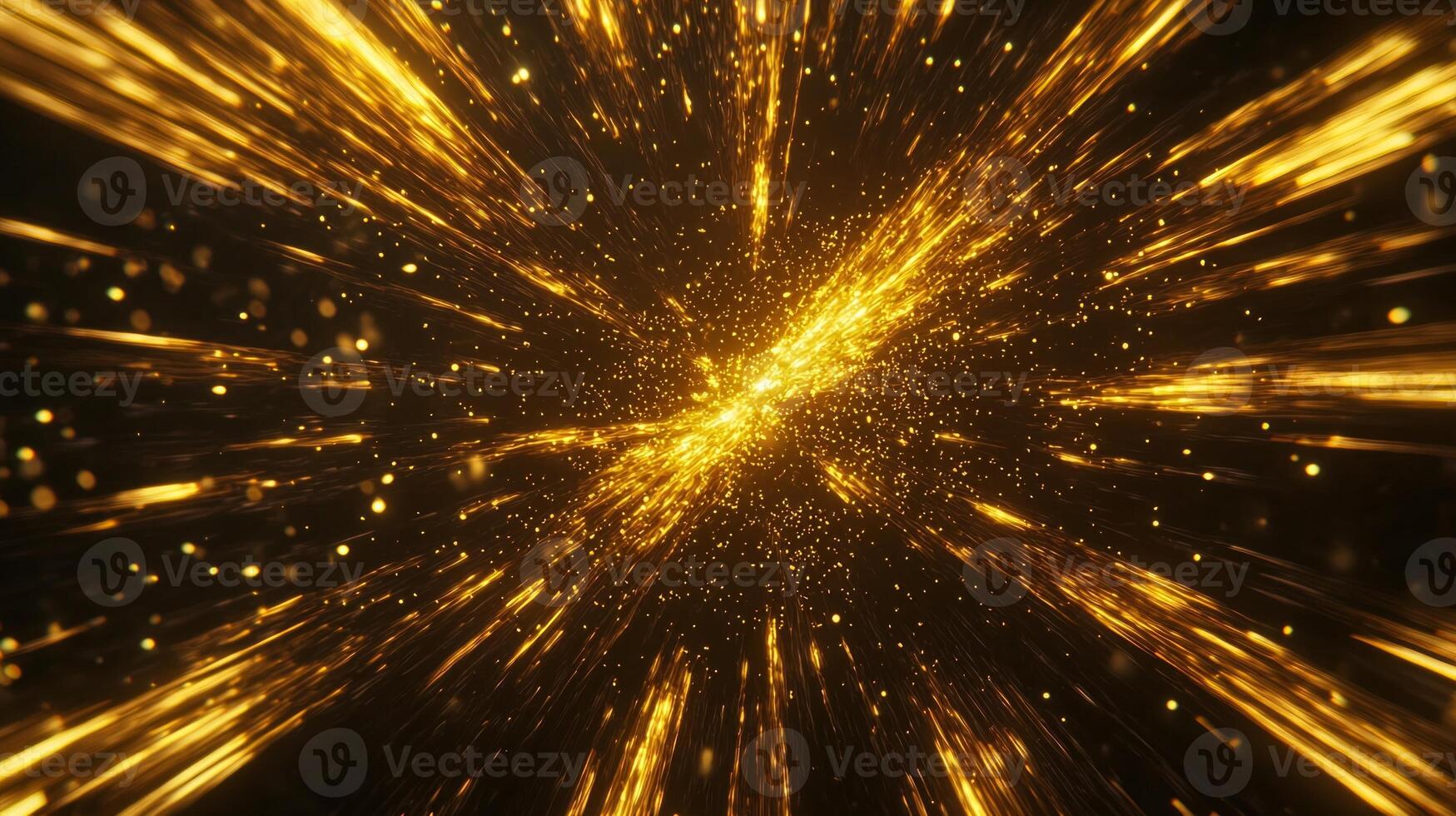 An intense eruption of yellow particles bursts forth from the center, scattering in glowing trails across a dark background, resembling cosmic energy in motion. photo