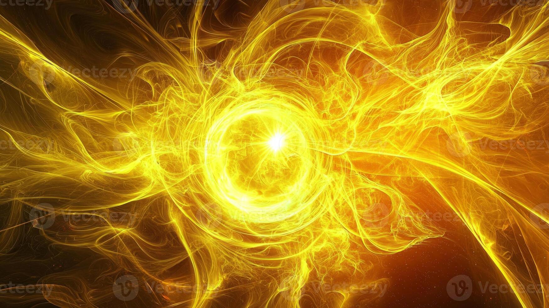 An intense eruption of yellow particles bursts from the center, scattering brilliantly across the darkness. Bright trails and glowing dust create a dynamic and energetic spectacle. photo