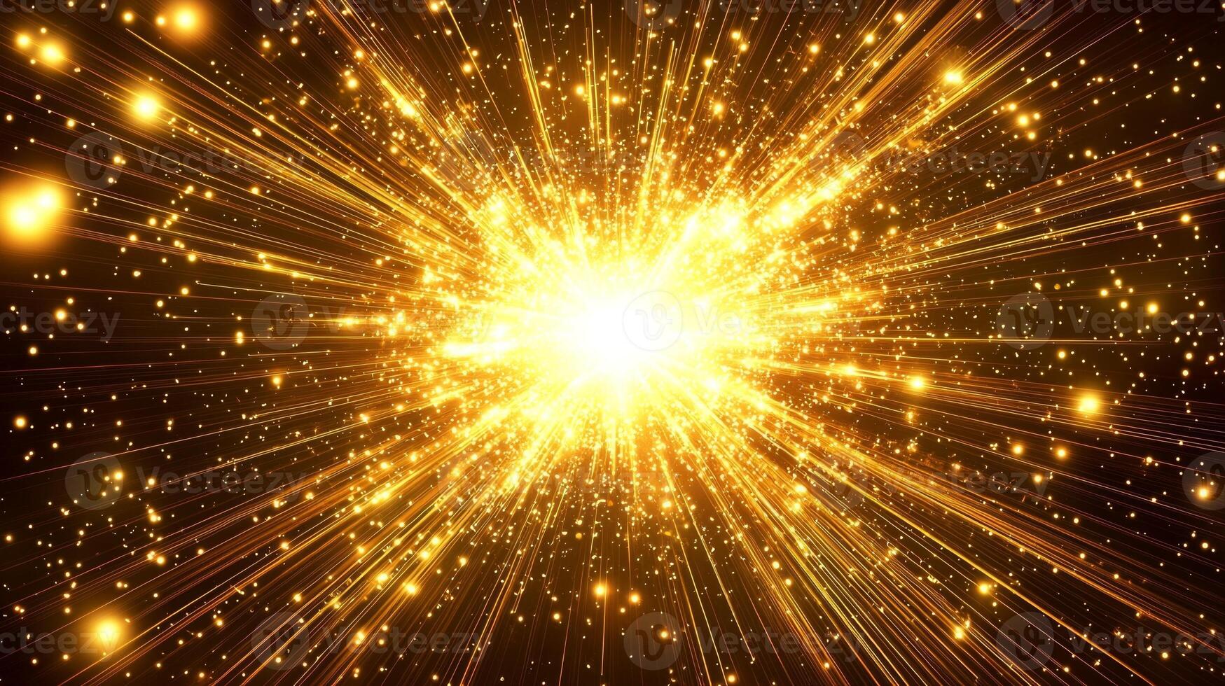An intense eruption of yellow particles bursts forth from the core, scattering in vibrant trails across the dark backdrop, radiating cosmic energy and potential. photo