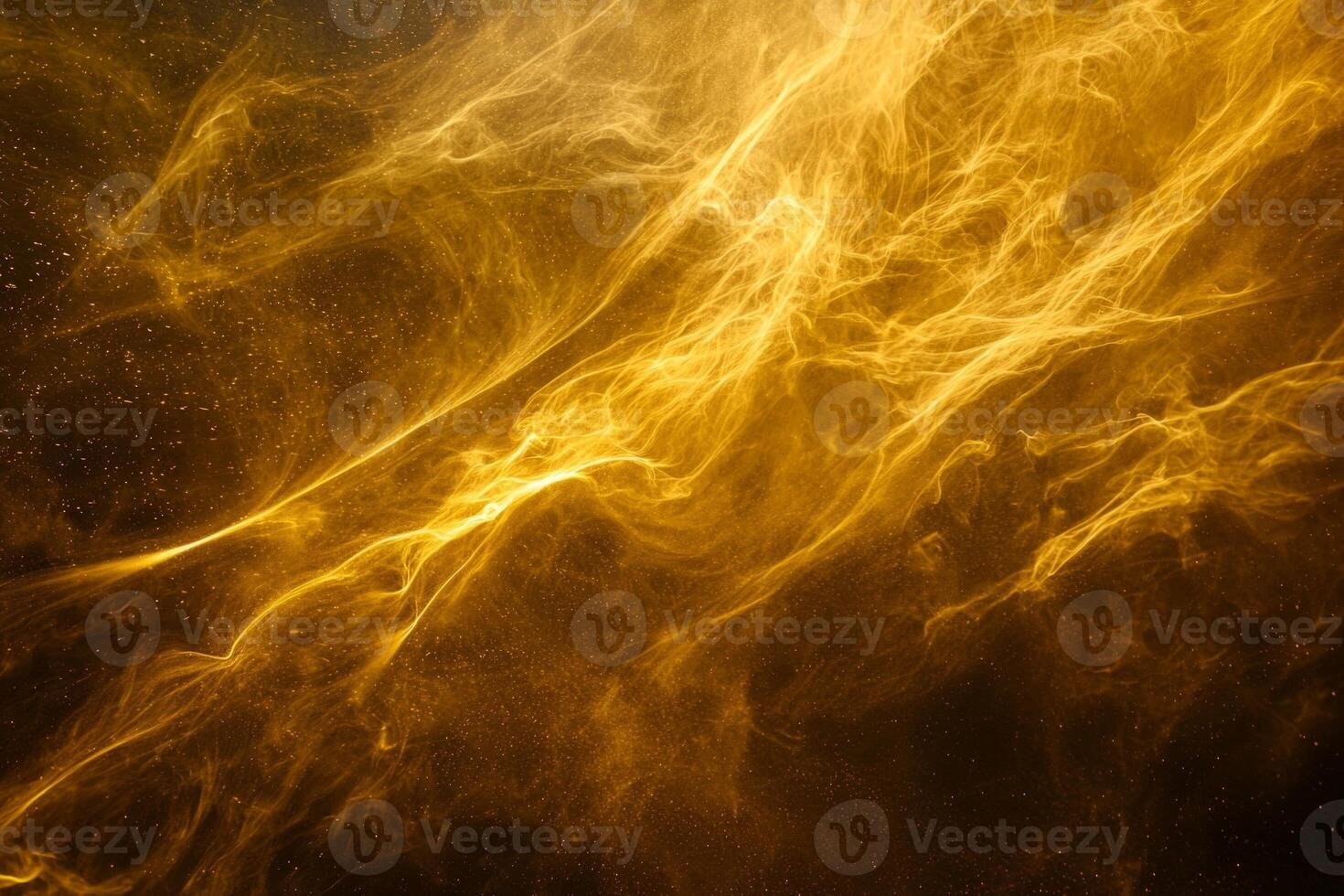 This captivating spectacle showcases a vibrant burst of yellow particles radiating outward, creating dynamic trails of glowing dust against a deep black background. photo