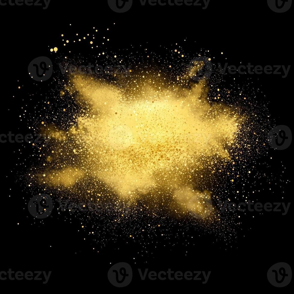 A powerful burst of golden particles erupts from an intense core, scattering shimmering dust outward into the darkness, creating a vivid, high-energy spectacle filled with brilliance. photo