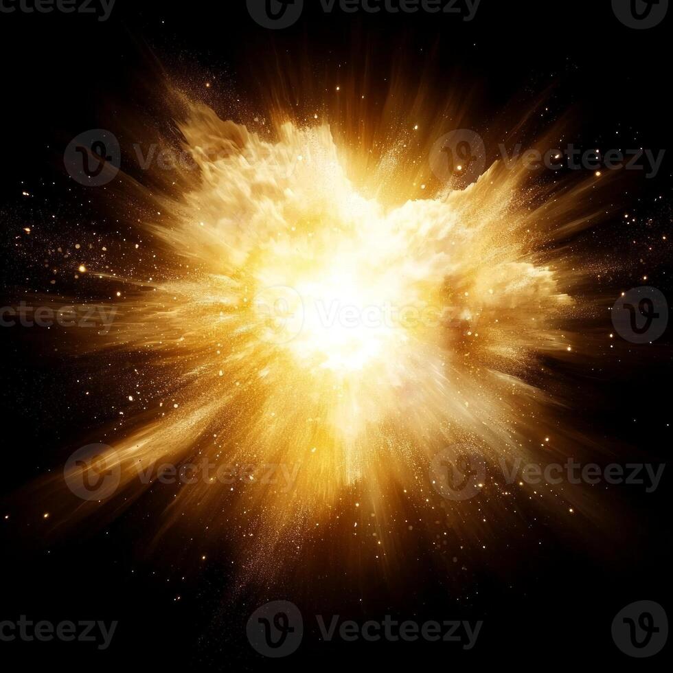 A dazzling golden explosion bursts forth from a vibrant core, scattering shimmering particles across the dark expanse, creating a breathtaking display of light and energy. photo