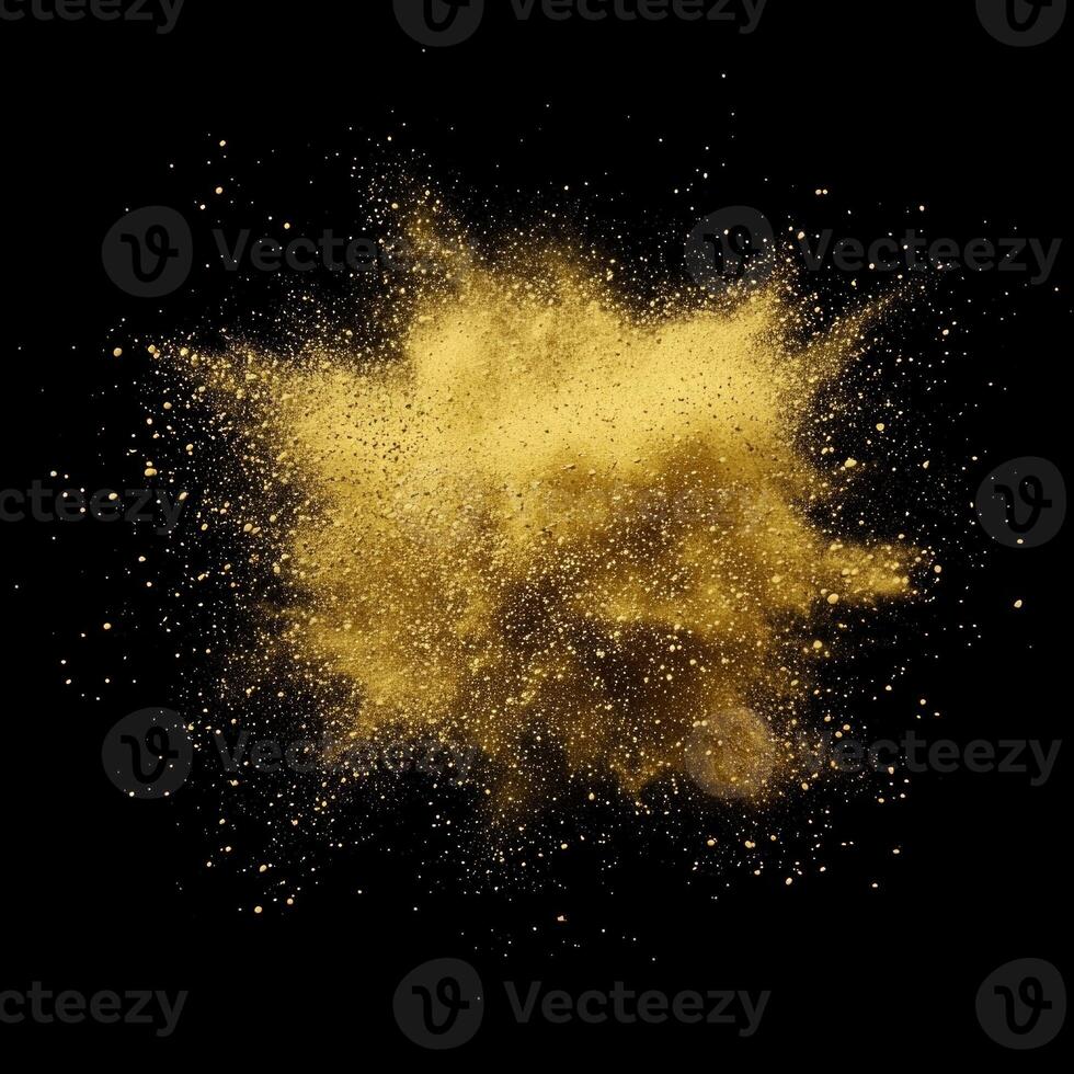 Radiating vibrant energy, the golden explosion releases a cascade of glittering particles that dance outward in all directions, creating a mesmerizing spectacle against the darkness. photo