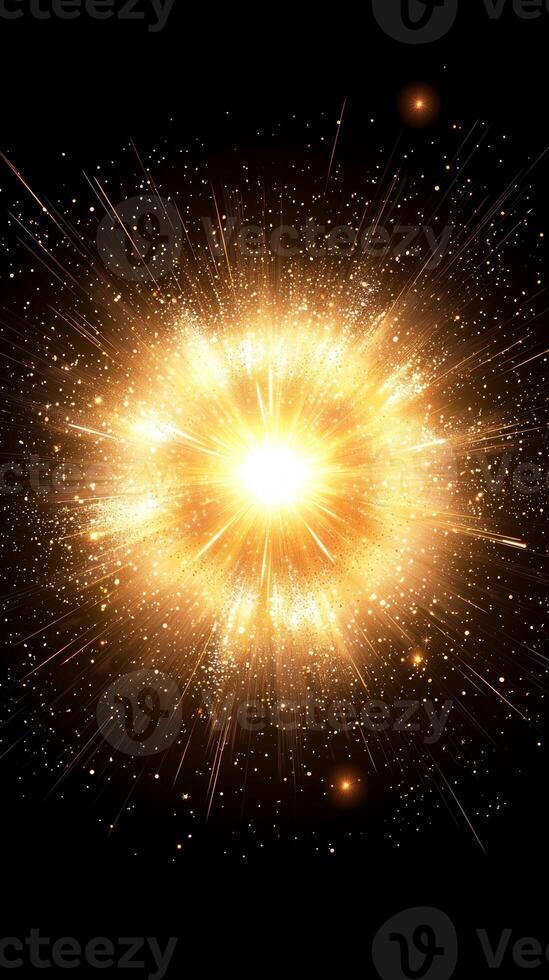 A vibrant explosion of yellow particles radiates against a black backdrop, creating a mesmerizing wave of energy and light as it radiates outward, resembling a cosmic phenomenon. photo