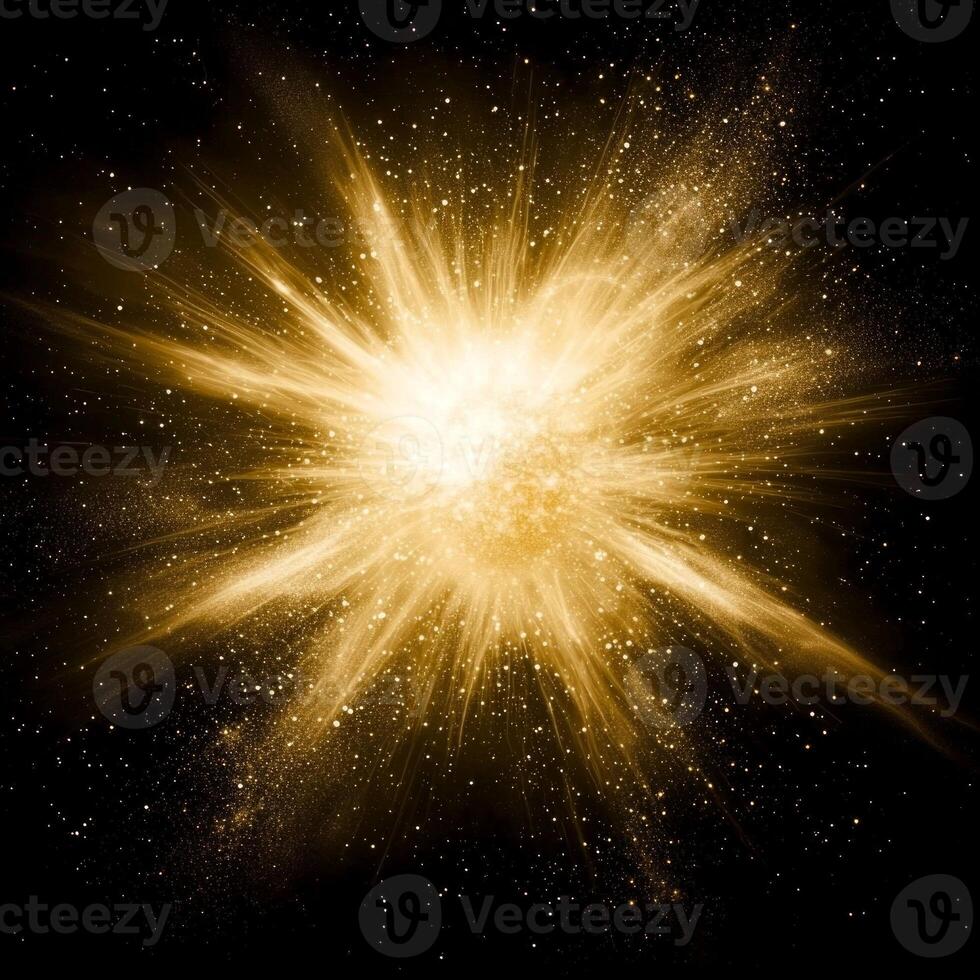 A dazzling burst of yellow particles radiates outward with explosive energy, creating a magnificent display against a deep black background, capturing the vastness of cosmic phenomena. photo