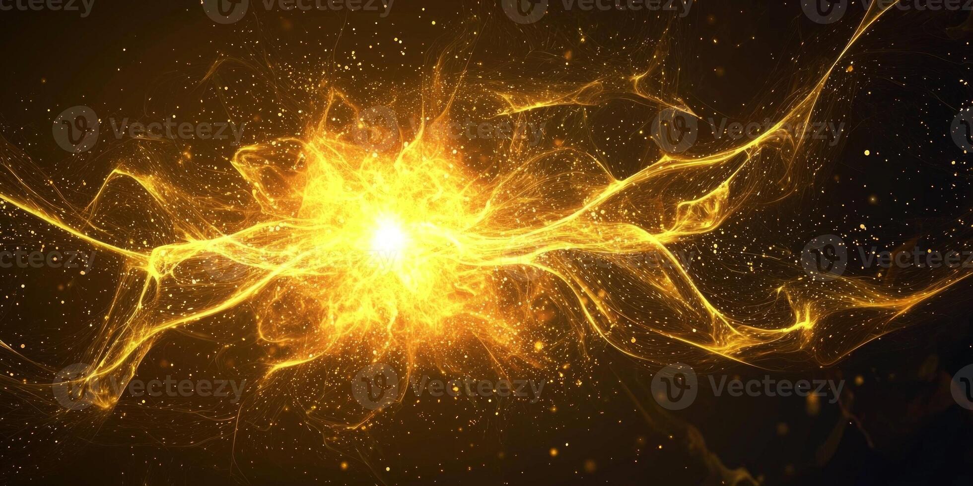 A stunning explosion of yellow particles bursts forth from a glowing core, creating an energetic wave of light and cosmic dust that captivates the viewer's imagination. photo