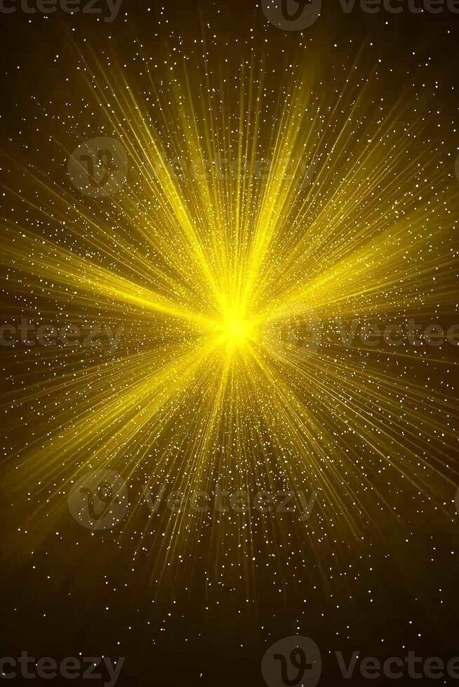 An enchanting burst of yellow particles erupts from a central point, scattering glowing dust across a dark expanse, showcasing radiant energy in a mesmerizing display. photo