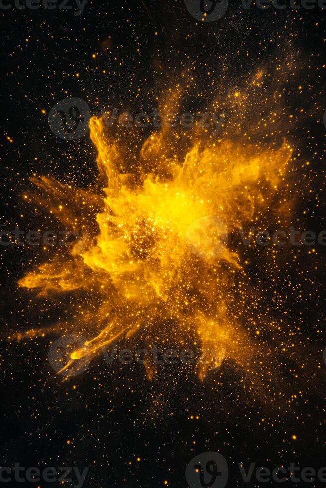A stunning burst of yellow particles explodes outward, scattering glowing dust in all directions across a dark background, creating a mesmerizing cosmic effect. photo