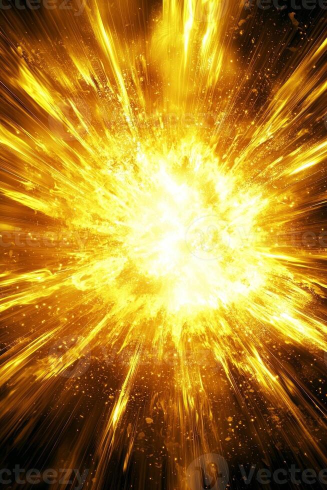 A dynamic yellow explosion unfolds at its center, sending glowing particles outward in a mesmerizing dance. Dust and energy radiate into the dark, captivating the viewer's attention. photo