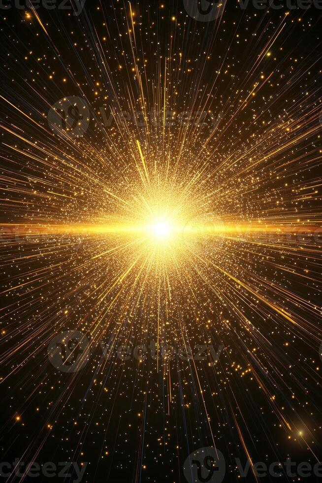 A vivid explosion of yellow particles bursts forth, dispersing radiant dust into the darkness, creating a captivating spectacle full of energy and movement. photo