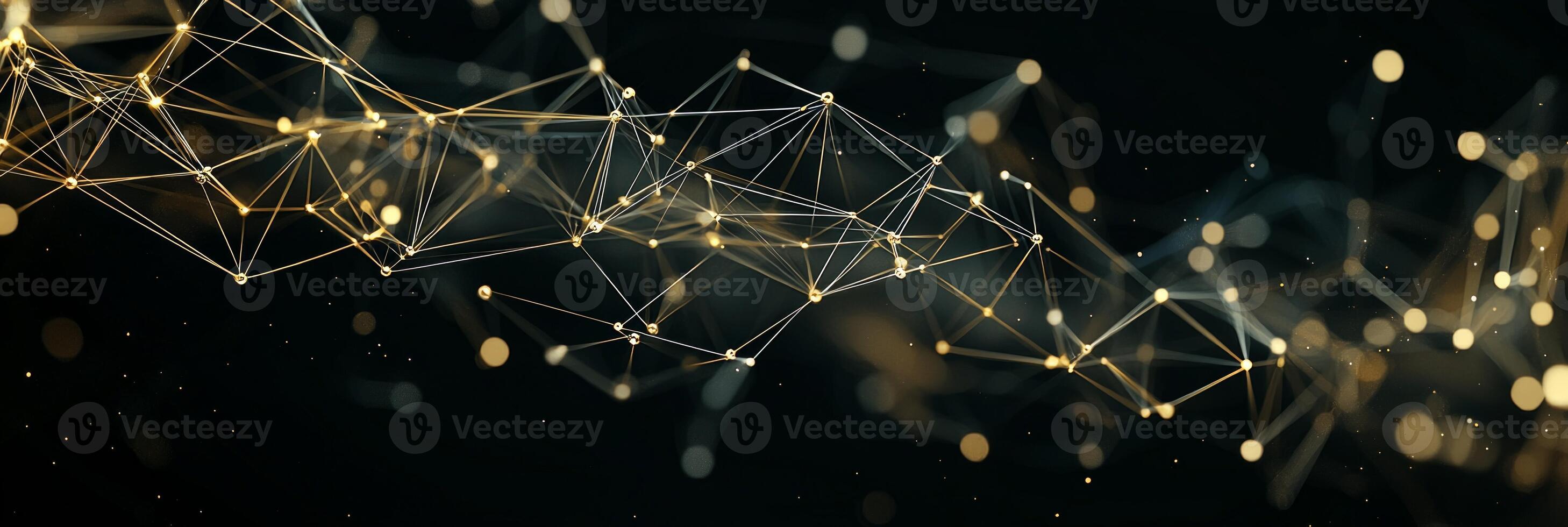 Golden particles gracefully connect to create a web-like geometric structure on a deep black canvas, embodying a futuristic digital artwork of stunning complexity. photo
