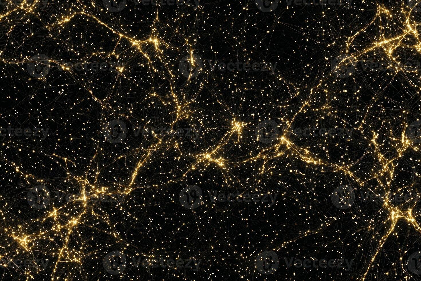 Delicate yellow particles are scattered across a deep black background, linked by luminous lines that create a cosmic, starry effect, inviting a sense of wonder and tranquility. photo