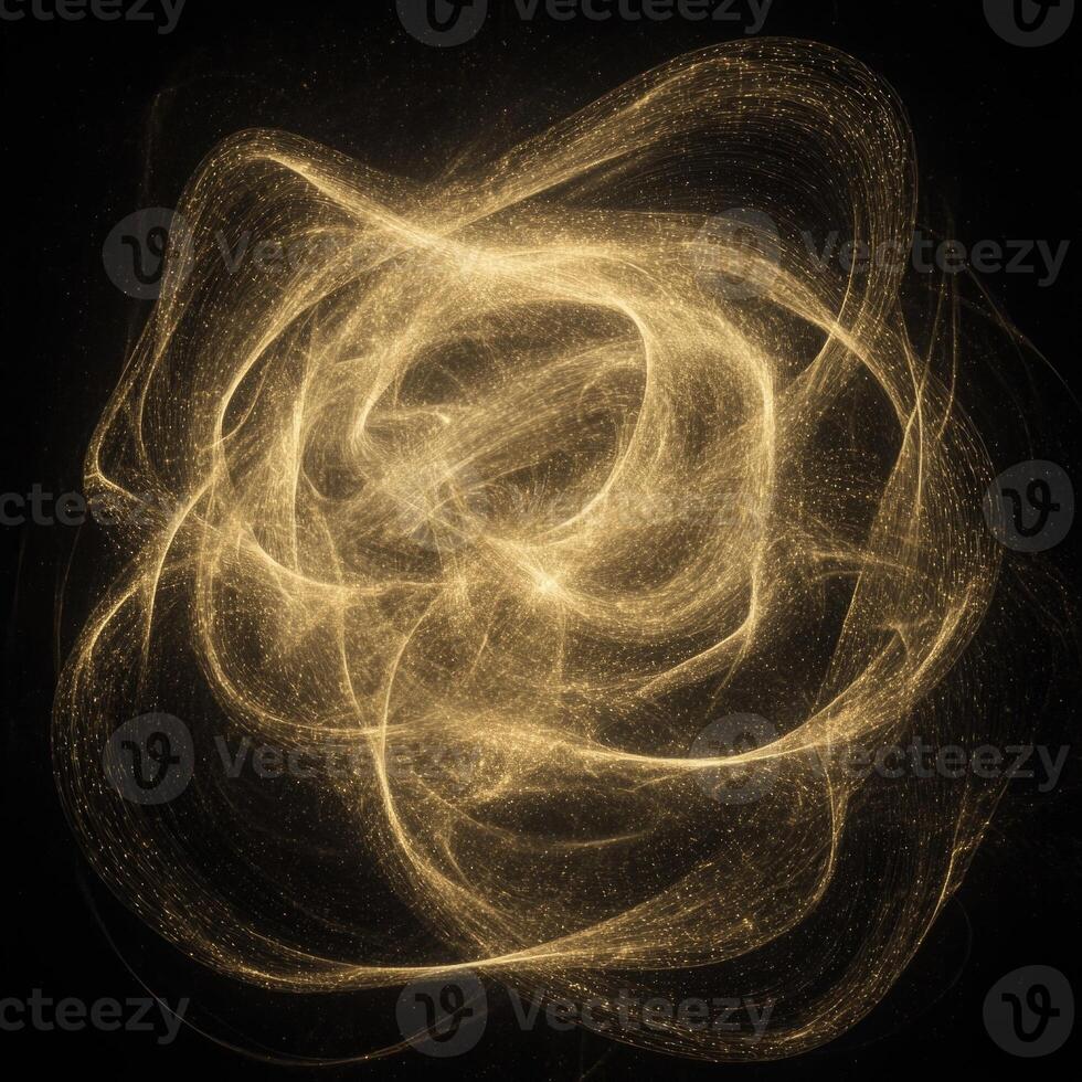 Swirling particles in rich yellow hues create a nebula-like formation that radiates warmth in a dark cosmic setting. This artwork invites a sense of wonder and imagination. photo