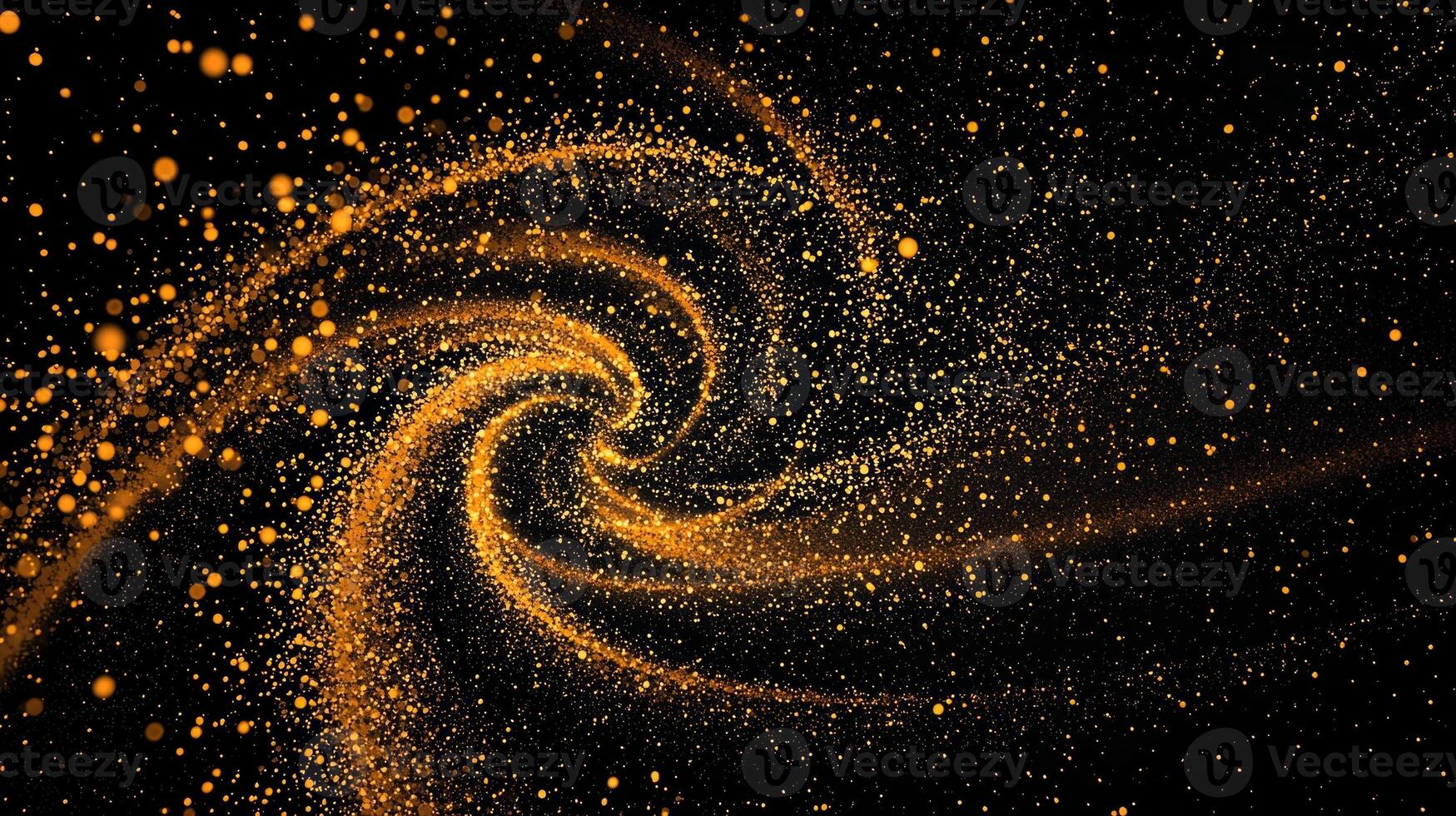 Glowing yellow particles dance and swirl in a captivating spiral, varying in size against a stark black backdrop, creating a minimalistic cosmic effect. photo