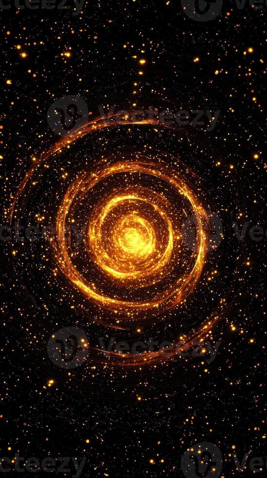 Swirling yellow particles create an intense vortex at the center, radiating energy in a captivating dance against a deep black background, evoking cosmic wonder. photo