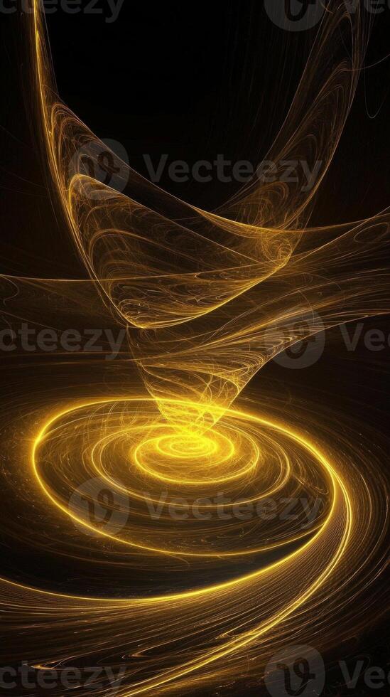 Swirling yellow particles form a captivating vortex that glows intensely in the center, radiating energy and dynamism, set against a dark canvas, evoking cosmic wonder. photo