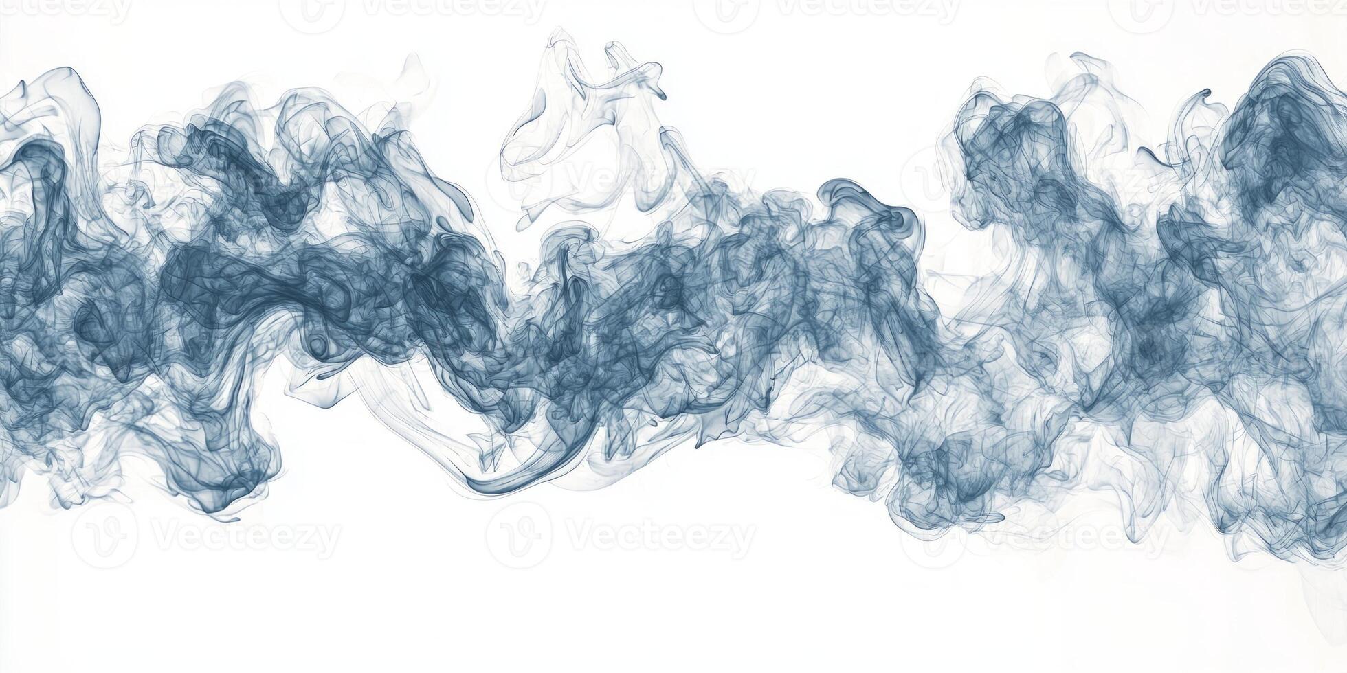 A captivating blue smoke plume rises and twists, expanding into soft, wavy trails against a bright white backdrop, evoking a sense of tranquility and artistic beauty. photo