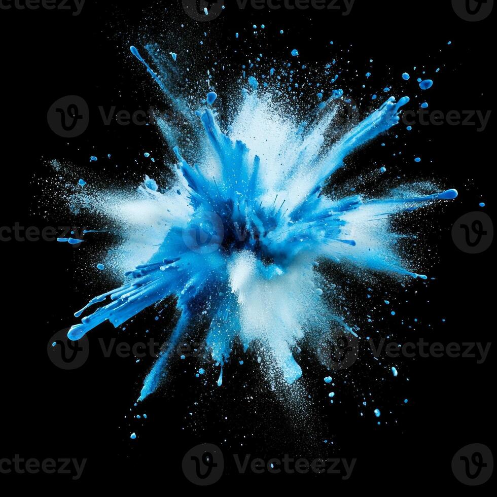 Blue particles burst outward from a central point, illuminating the dark background with glowing trails as they scatter in dynamic, energetic patterns that evoke a sense of movement. photo