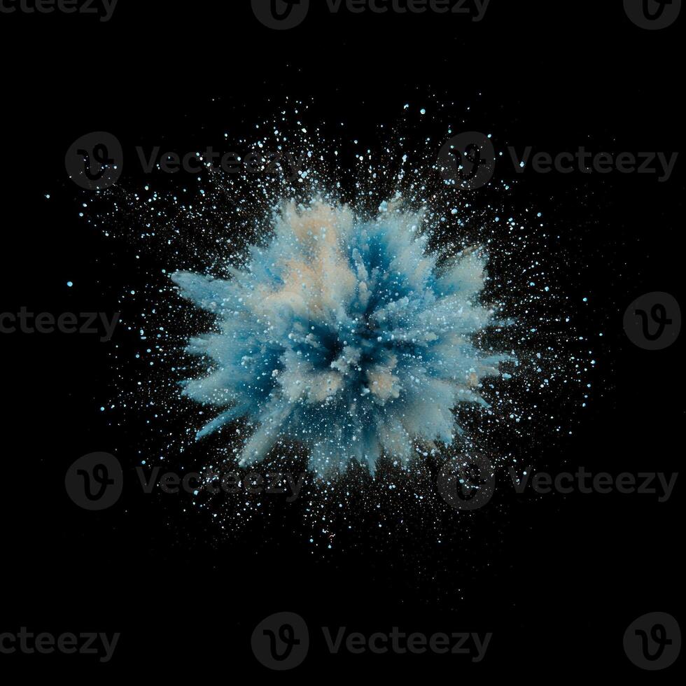 A dynamic explosion of blue particles radiates from a central point, scattering outward with glowing trails, evoking a sense of energy and movement in the dark. photo