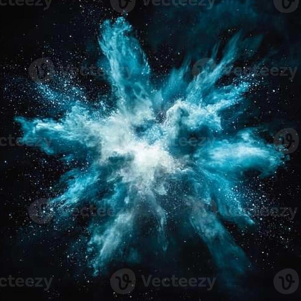 In a striking display, blue particles burst dynamically against a black canvas, scattering in all directions and leaving glowing trails, creating a dazzling spectacle of energy. photo