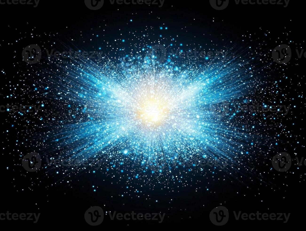 A stunning blue explosion of particles bursts forth from a luminous center, spreading outward with radiant energy, creating a breathtaking cosmic spectacle against a dark backdrop. photo