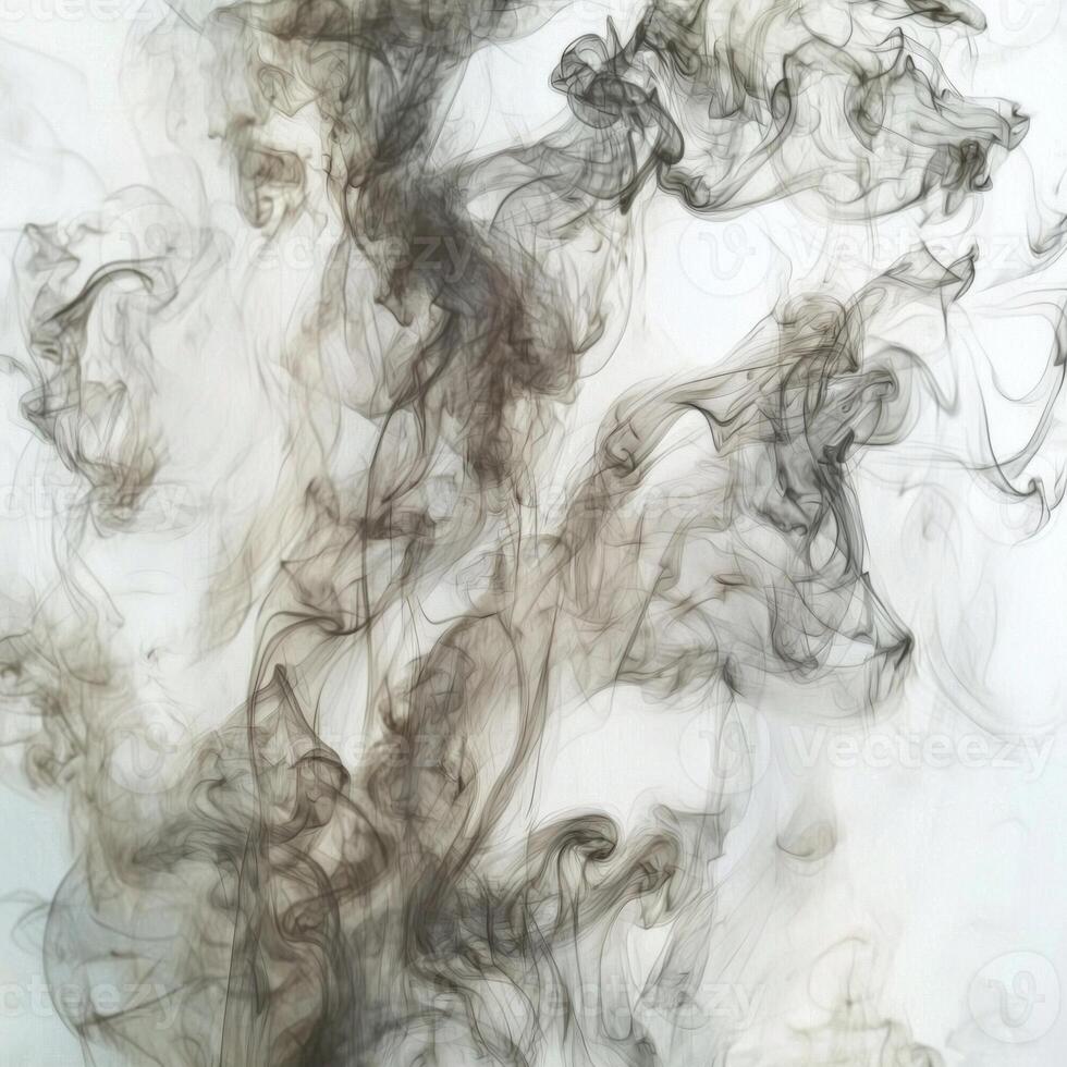 Gentle tendrils of gray smoke ascend from below, creating an ethereal display against a white background. The soft hues and intricate shapes evoke a sense of calm and contemplation. photo
