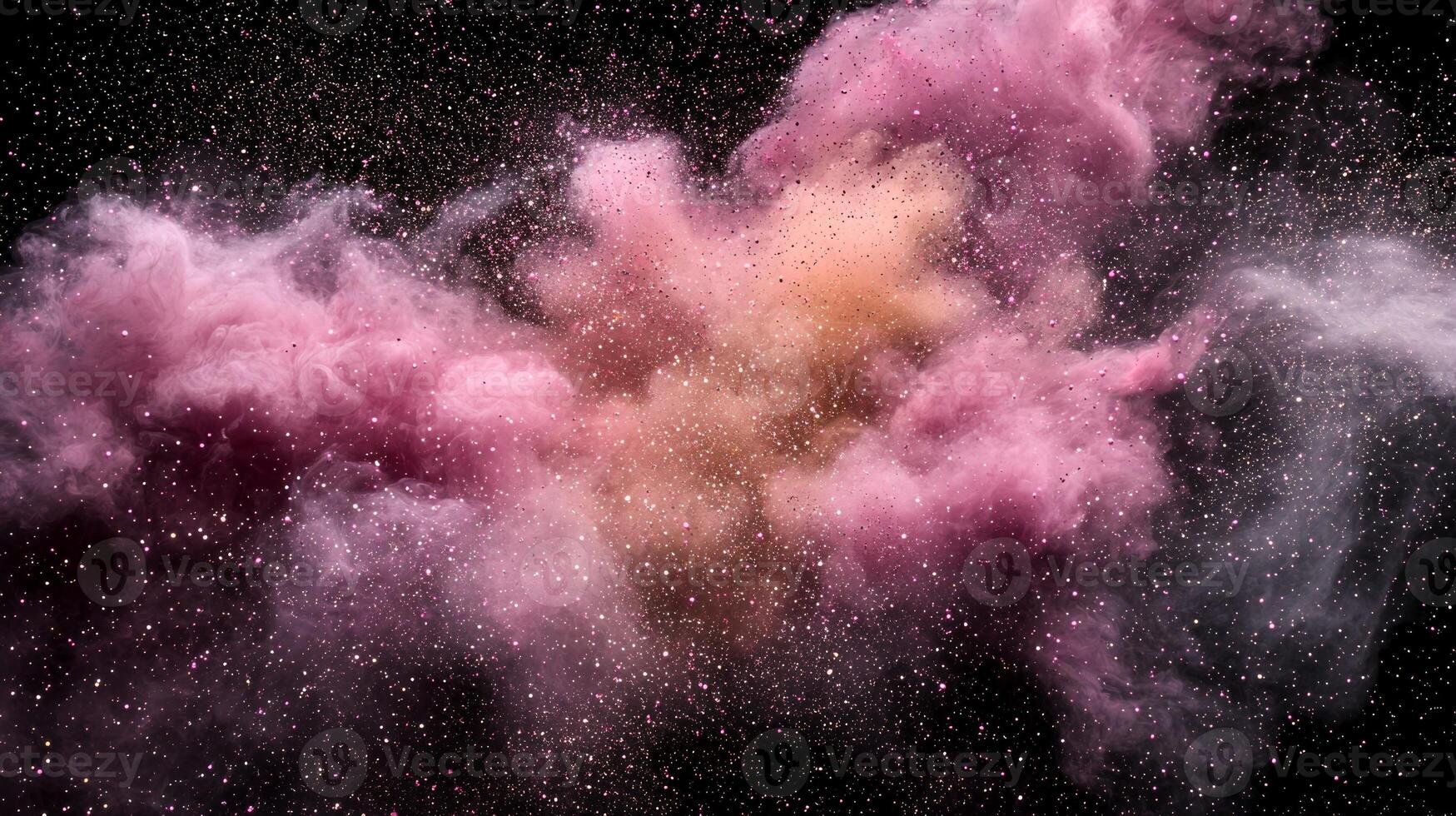 explosion of pink particles radiates with energy, dispersing in all directions against a dark cosmic background, creating a vivid and vibrant atmosphere. photo