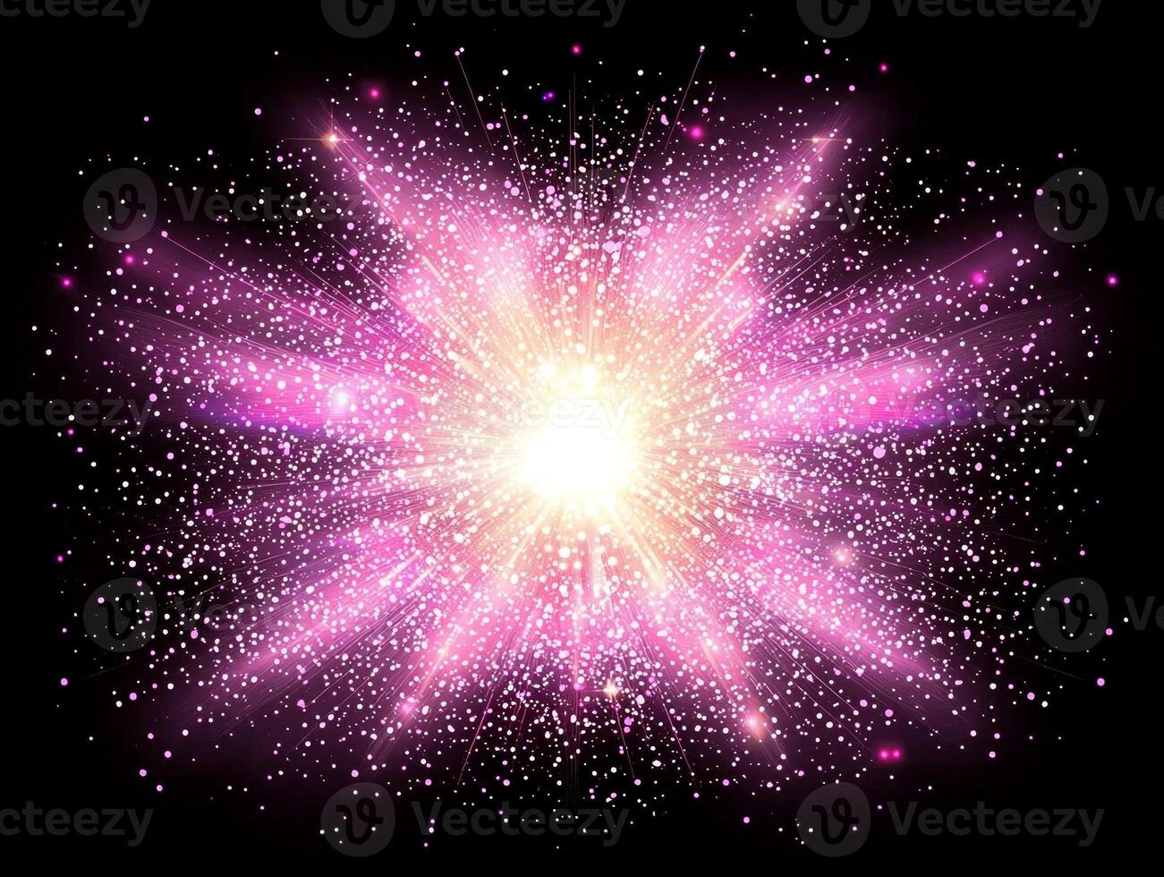 vibrant burst of pink dots and particles expands outward, casting a soft glow against the black background, evoking a sense of dynamic energy and movement in a cosmic dance. photo