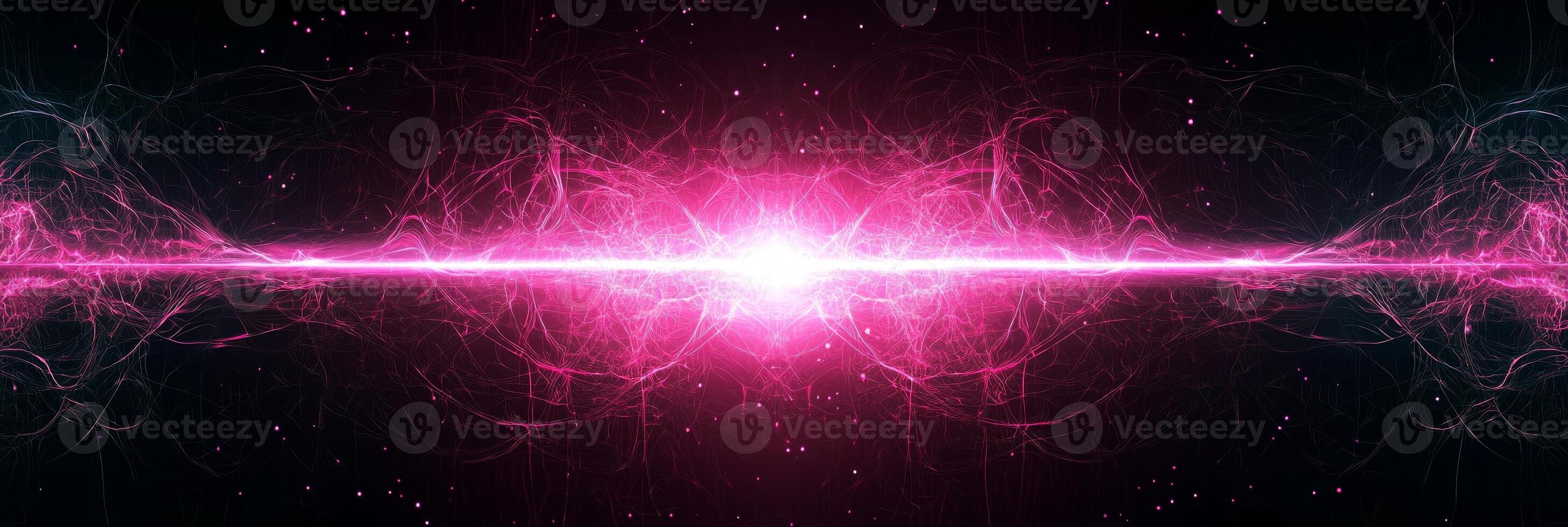 bright pink particle explosion radiates intense energy, sending glowing particles outward in a mesmerizing wave of light across a deep black surface. photo