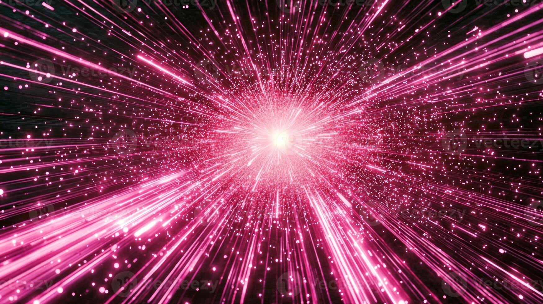 explosion of vibrant pink particles bursts forth from the center, scattering in all directions against a pitch-black background, emanating waves of colorful energy and light. photo