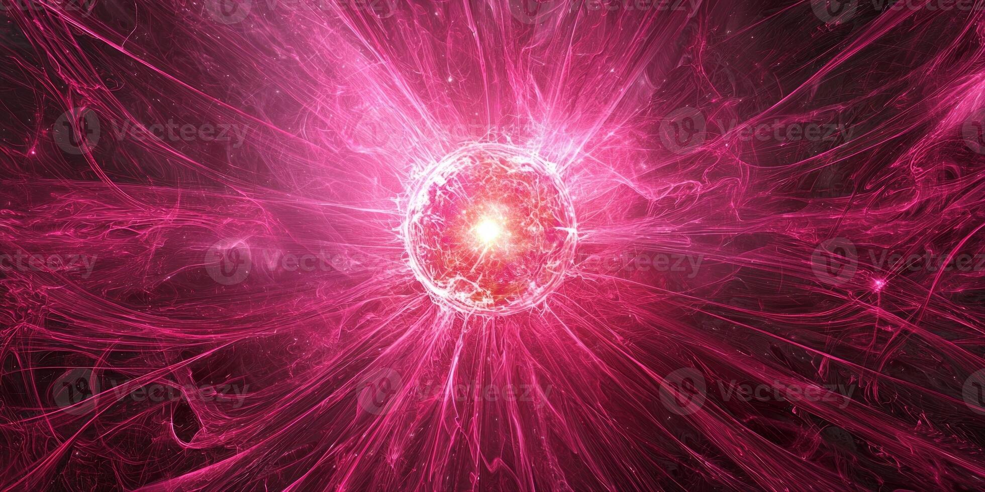 Bright pink particles burst outward from a luminous core, creating an enchanting wave of cosmic energy and shimmering dust in the vastness of space. photo