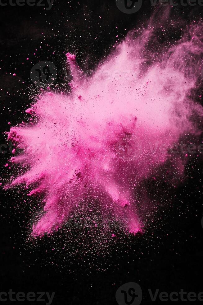 Witness a mesmerizing pink particle explosion that unleashes radiant dust cascading outward. The ethereal energy creates a stunning contrast against the dark void, captivating all who gaze. photo