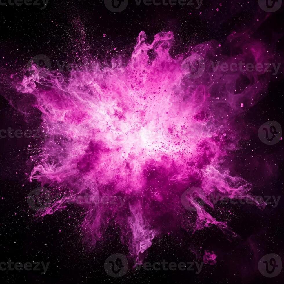 stunning display of energy unfolds as a powerful pink explosion radiates outward, with vibrant particles dancing against a dark cosmic backdrop, creating a mesmerizing spectacle of color and motion. photo