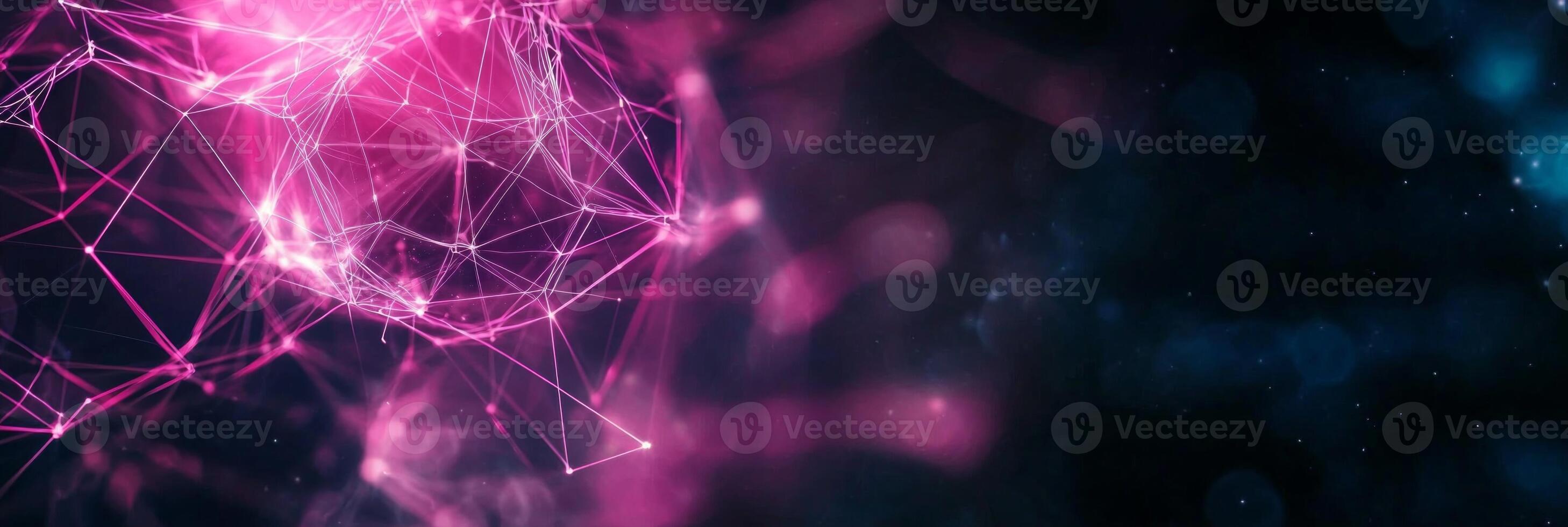 captivating display of pink particles forms a mesmerizing geometric pattern, interconnected by luminous lines that create a radiant, futuristic ambiance against a stark black backdrop. photo