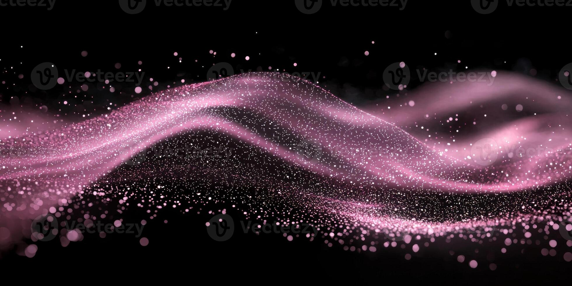 Delicate pink particles converge into an enchanting wave, emanating a gentle glow against a dark canvas, showcasing a splendid dance of light and color. photo
