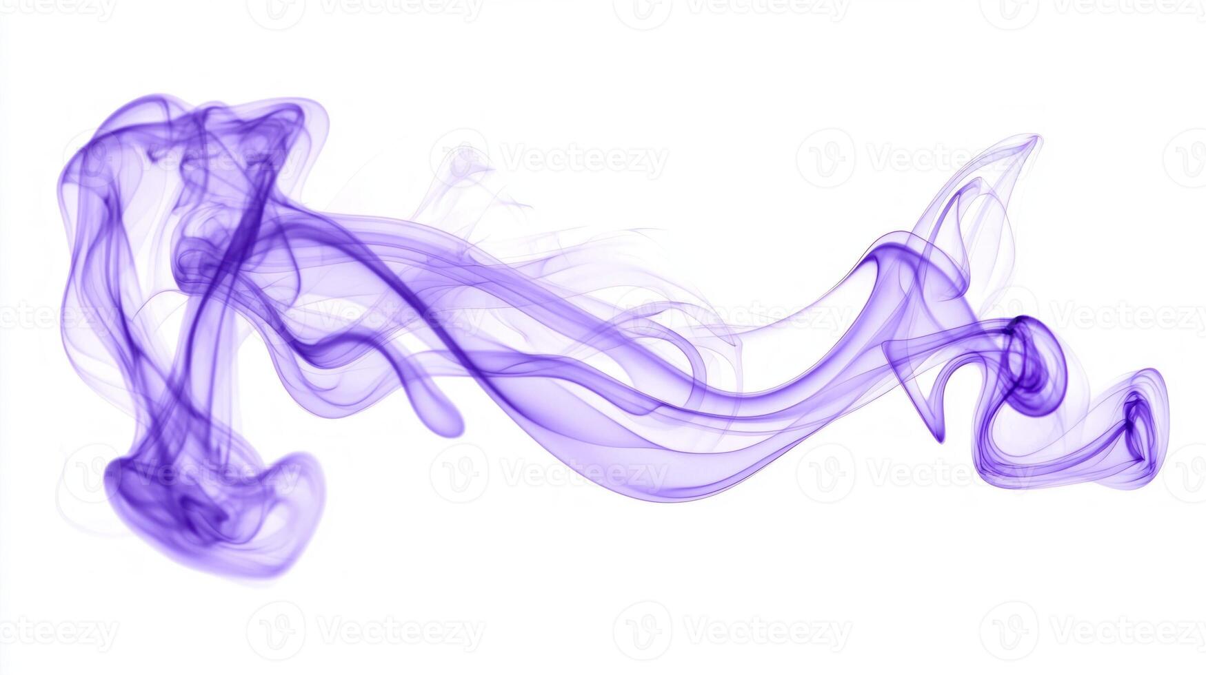 Violet smoke strands rise gracefully, intertwining in the air and fading into lighter shades, creating a mesmerizing display on a clean white canvas. photo