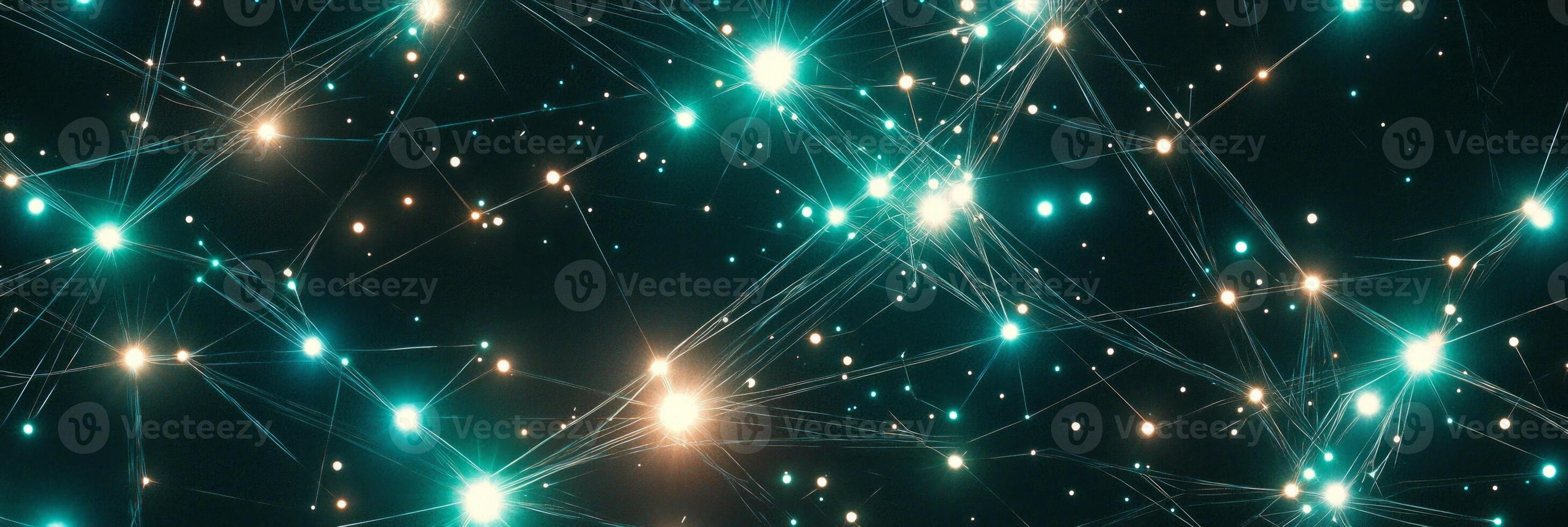 Turquoise particles create a mesmerizing array of geometric patterns, interconnected by glowing lines that evoke a cosmic and futuristic ambiance, showcasing digital artistry's allure. photo