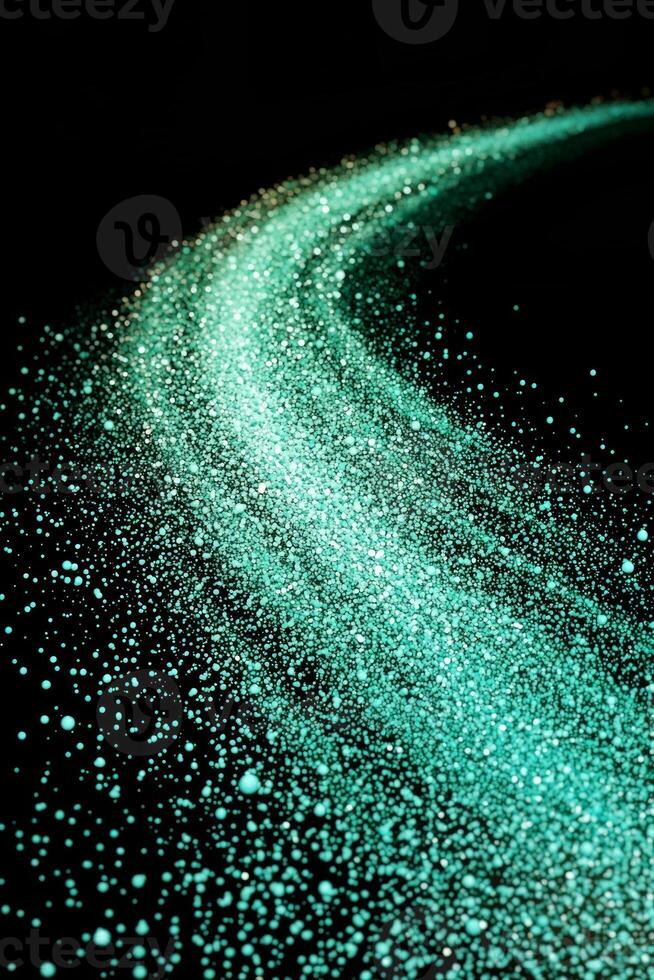 Turquoise dots weave together in a fluid wave, suggesting dynamic movement against a deep black canvas, embodying a minimalist and cosmic aesthetic. photo