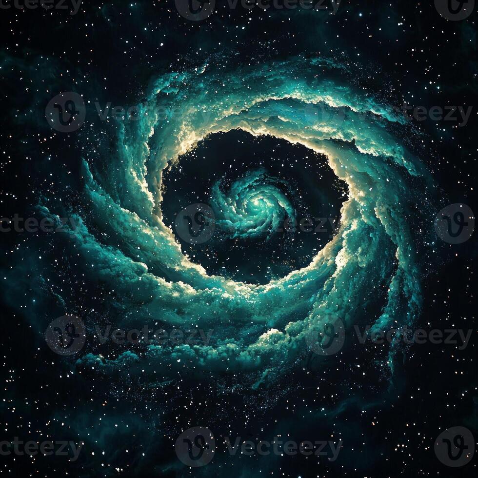 A mesmerizing swirl of turquoise particles dances in a cosmic formation, crafting an ethereal nebula effect that captivates the imagination and inspires wonder and exploration. photo