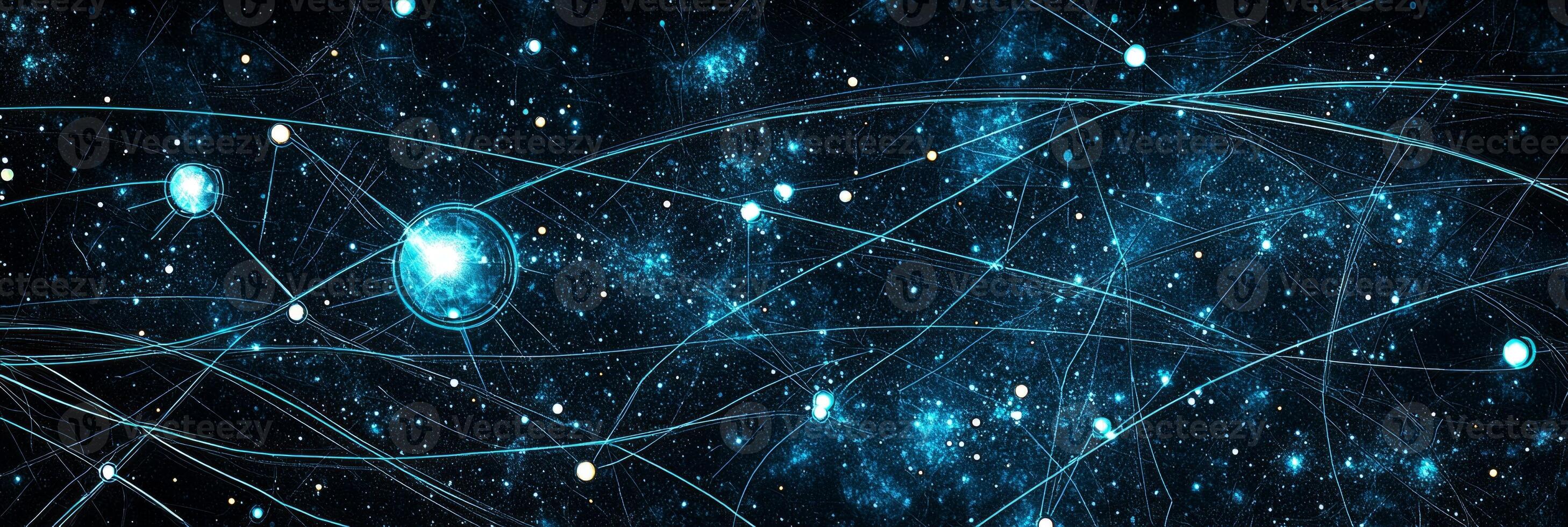 Turquoise particles delicately intertwine to form intricate geometric shapes, illuminated by glowing lines photo