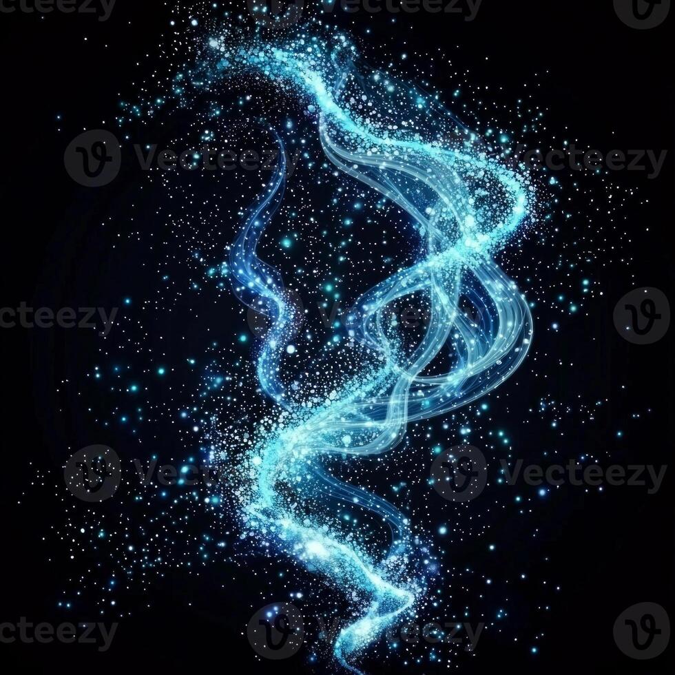 Turquoise particles gracefully swirl and glow against a black backdrop, forming a mesmerizing nebula-like shape that invites wonder and imagination. photo