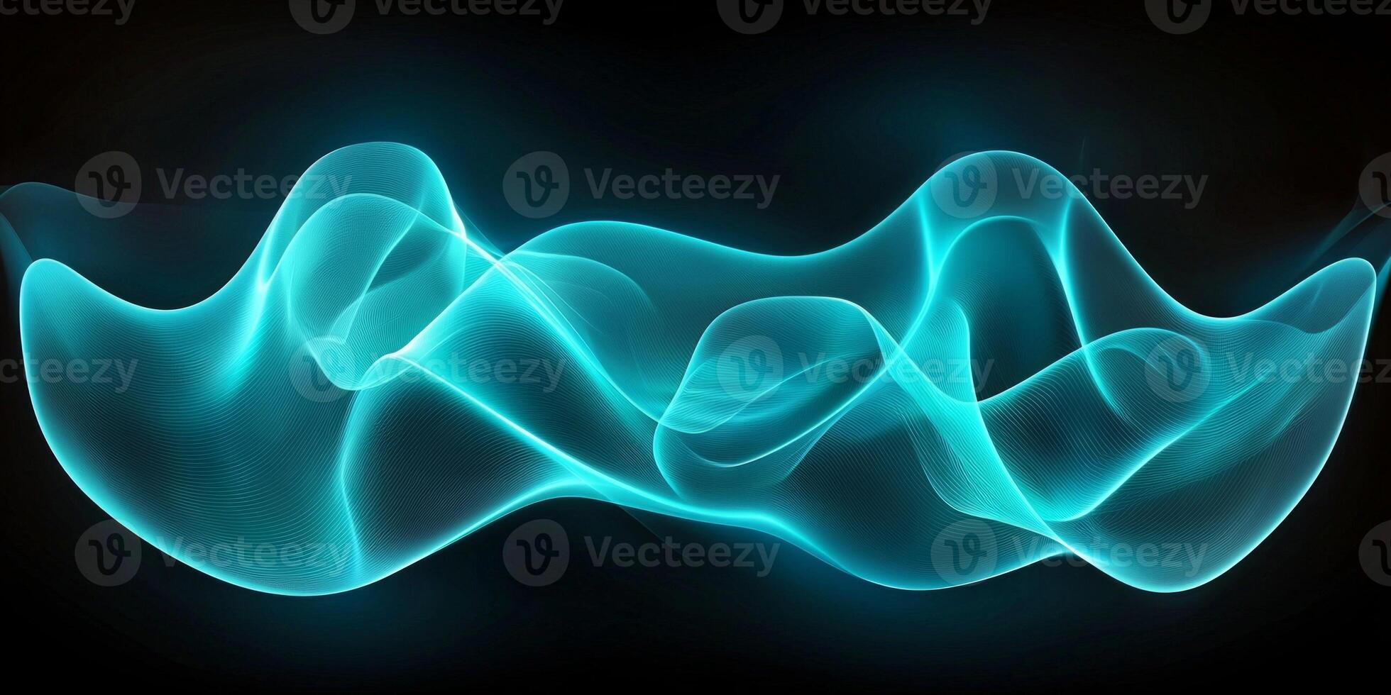 A captivating array of turquoise particles gracefully clusters into a luminous wave, radiating ethereal energy against a deep black background, creating a stunning visual experience. photo