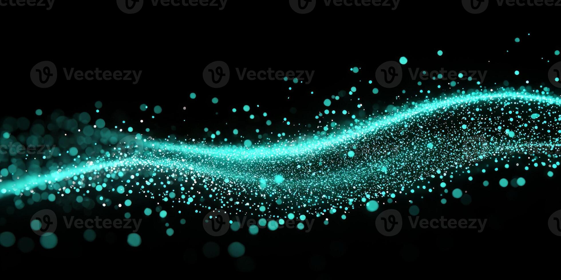 Turquoise particles cluster and flow in a mesmerizing wave, illuminating the darkness with a radiant glow. This captivating digital art evokes a sense of movement and tranquility. photo