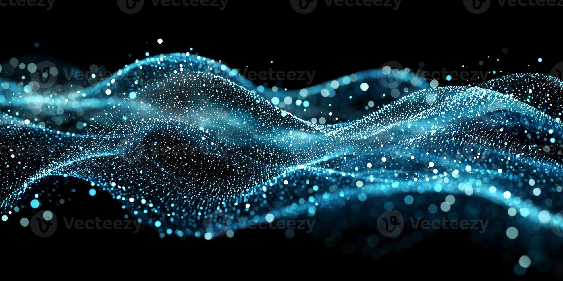Turquoise particles cluster together, forming a mesmerizing wave that glows softly against a dark backdrop, evoking a sense of movement and depth. photo