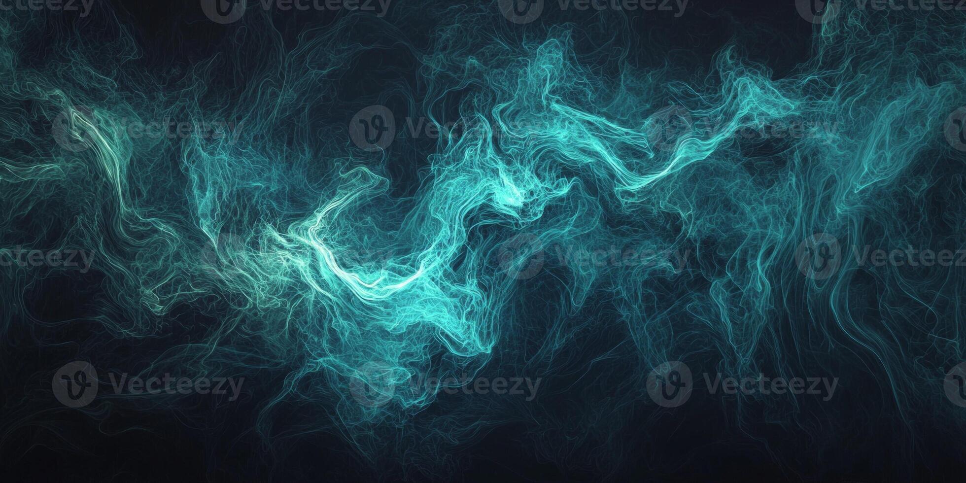 Turquoise particles cluster gracefully, creating a radiant wave that gently glows against the black backdrop, evoking a sense of ethereal beauty and movement in digital art. photo