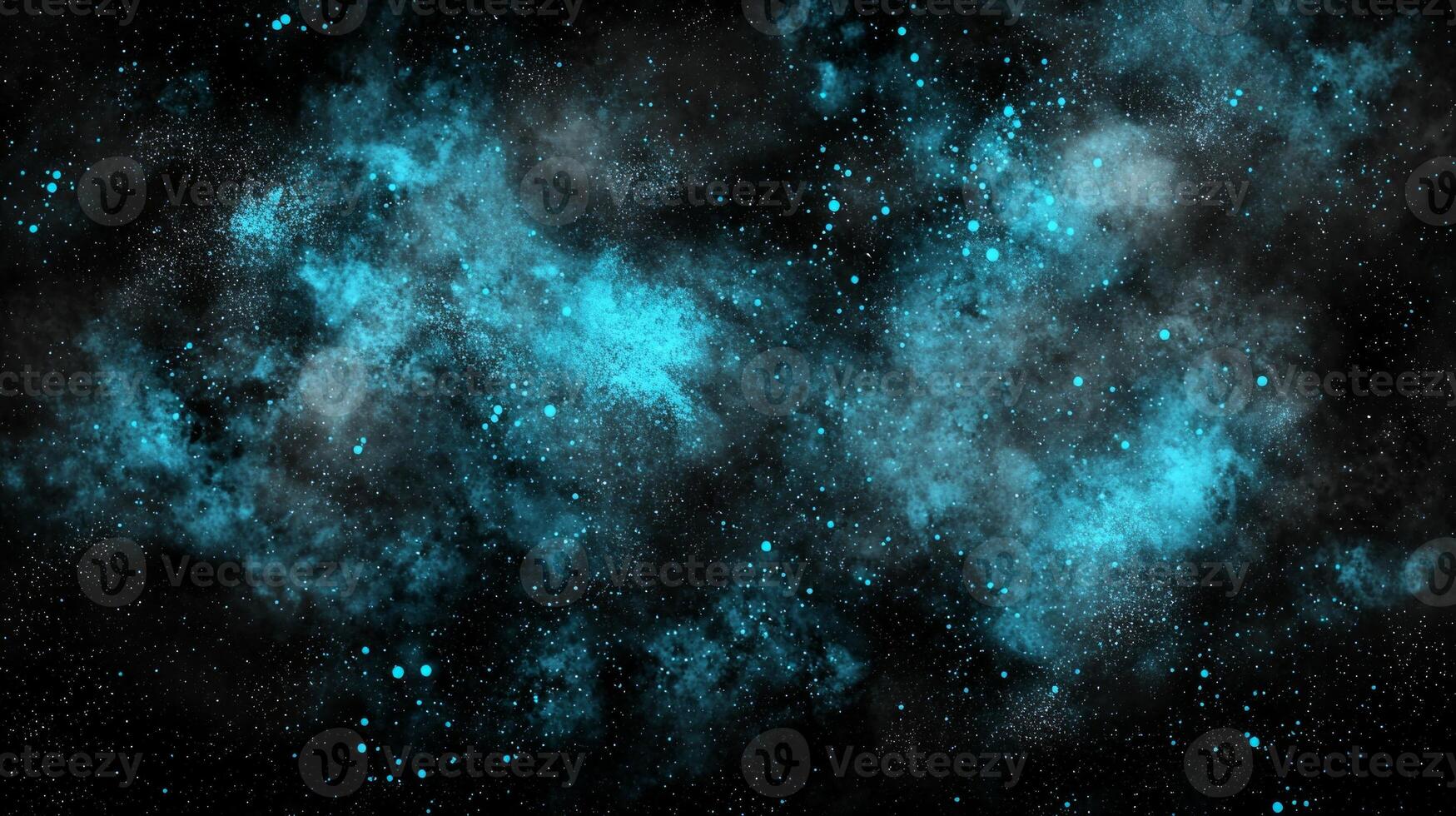 Turquoise particles glow vividly amidst a galaxy formation on a dark canvas, creating a minimalist yet captivating cosmic pattern that inspires wonder and imagination. photo