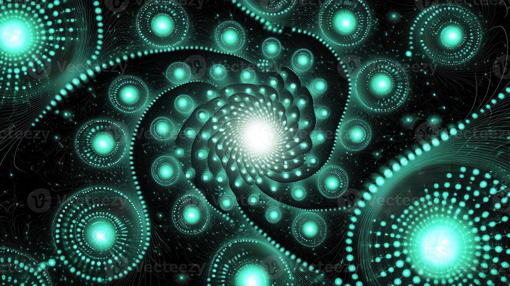 Turquoise particles swirl and glow, creating a captivating galaxy formation on a black canvas. Bright areas highlight the minimalist cosmic theme, evoking wonder and mystery. photo